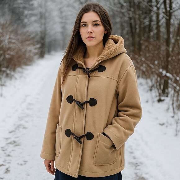 Nautica Mid Length Coat Tan Zip Toggle Closure Faux Shearling Hooded Pockets - Picture 3 of 12